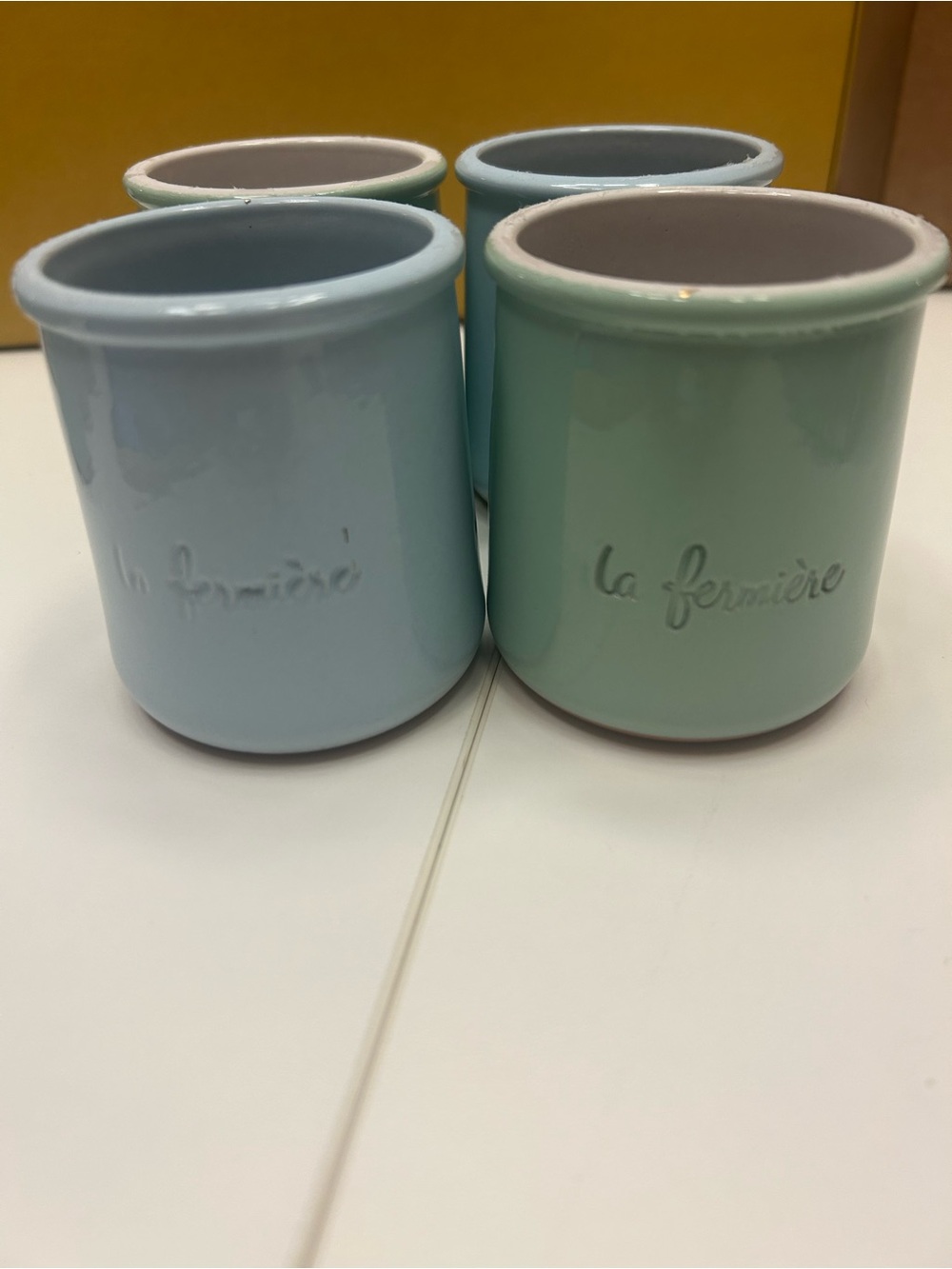 La Fermière Ceramic Yogurt Jars in blue & mint colors.